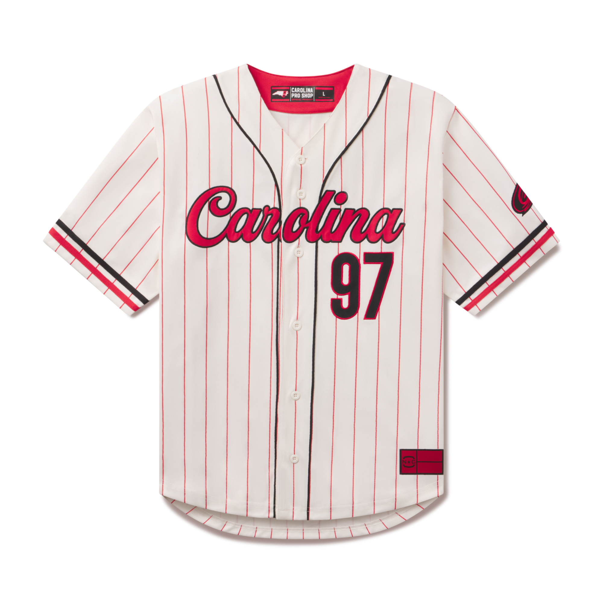 Front: Cream baseball jersey, red pinstripes, red/black trim, "Carolina" in cursive with "97" below