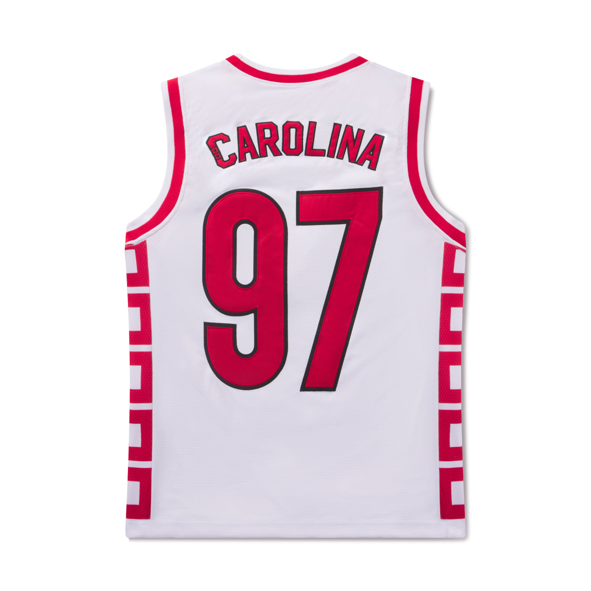 Back: White jersey, red trim, "CAROLINA 97" in red with black outline