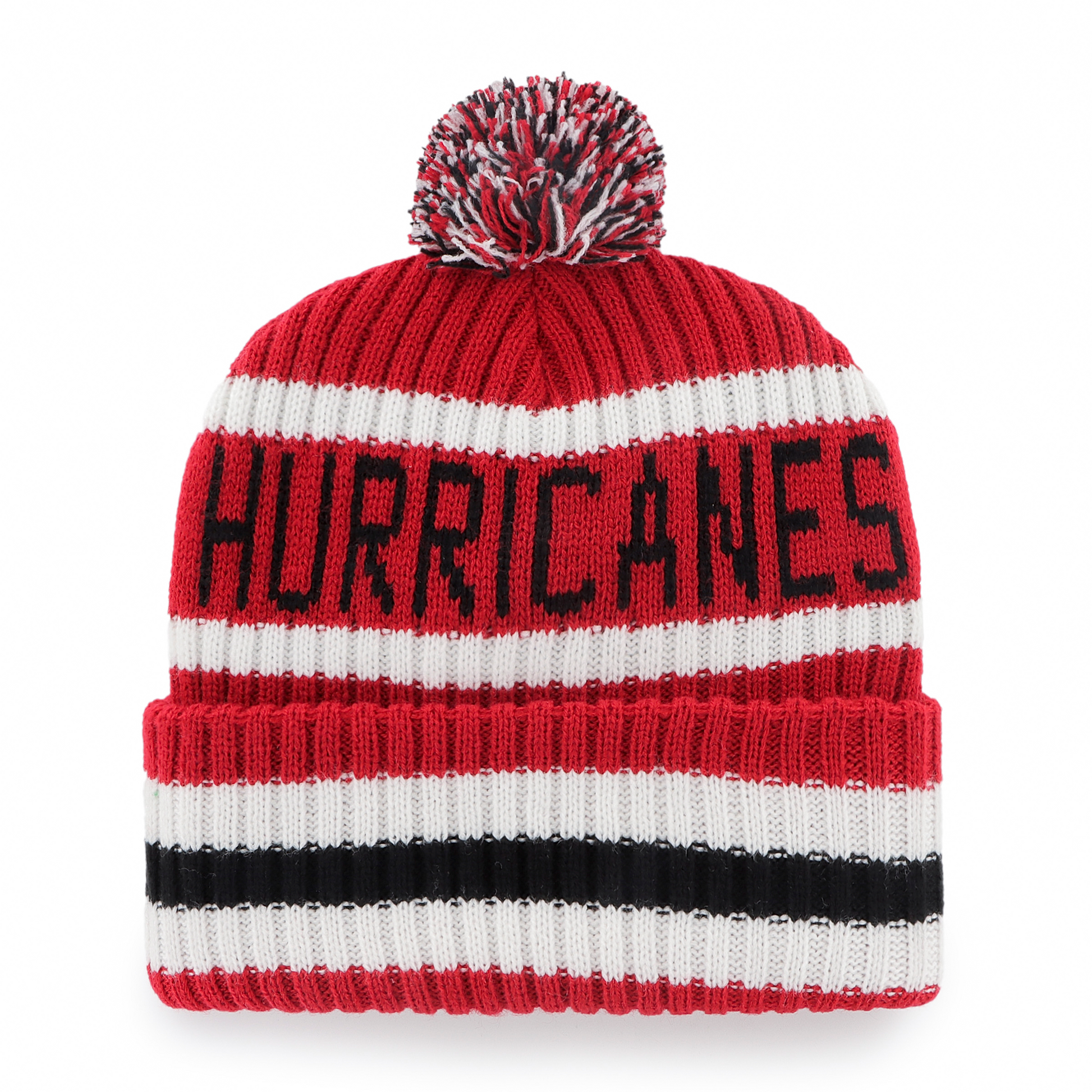 Back: Red white and black cuffed knit with pom, Hurricanes written in black on beanie