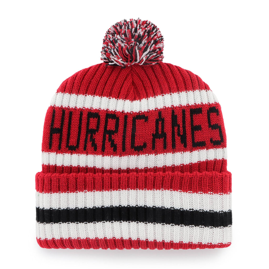 Back: Red white and black cuffed knit, tri-colored pom, HURRICANES in black across back