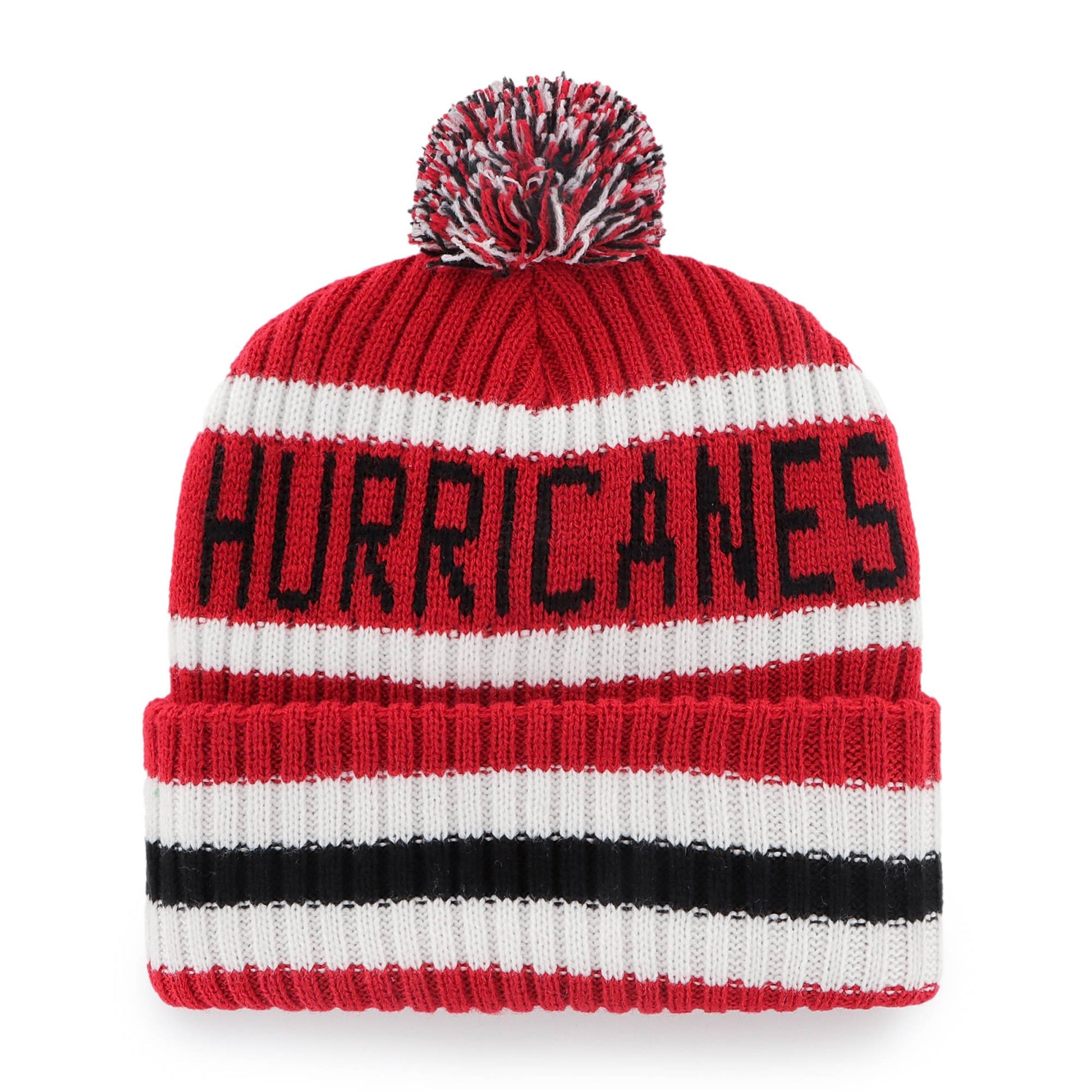 Back: Red white and black cuffed knit, tri-colored pom, HURRICANES in black across back