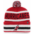 Front: Red white and black knit, Flags logo on cuff, HURRICANES in black across front