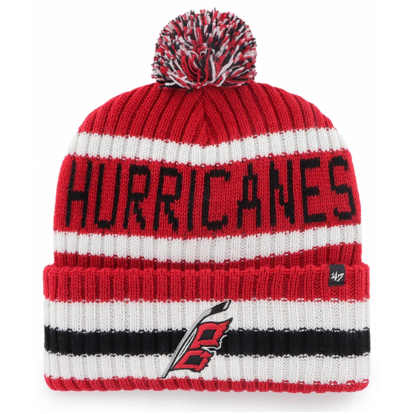 Front: Red white and black knit, Flags logo on cuff, HURRICANES in black across front