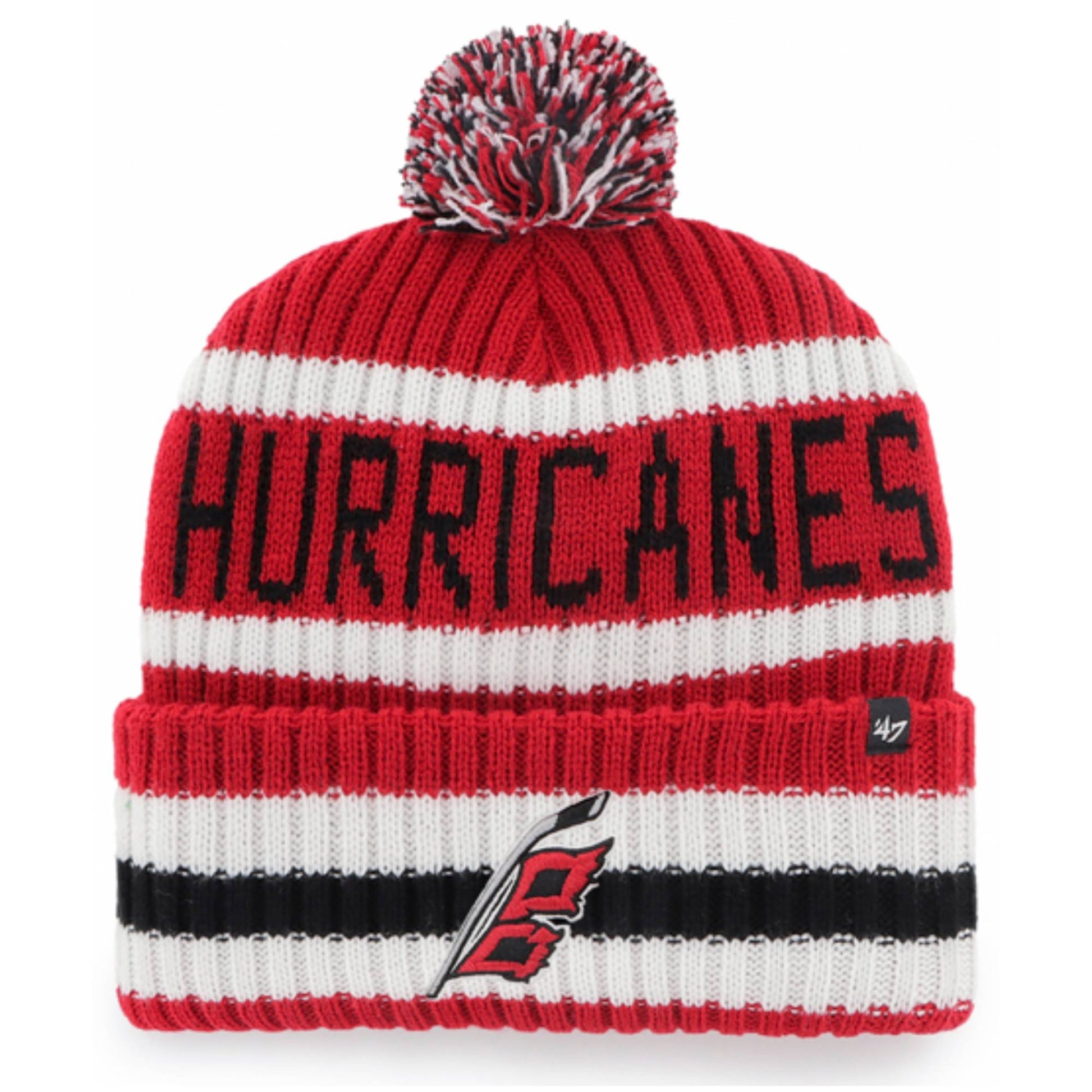 Front: Red white and black knit, Flags logo on cuff, HURRICANES in black across front