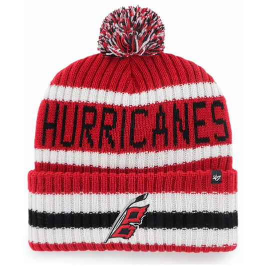 Front: Red white and black knit, Flags logo on cuff, HURRICANES in black across front