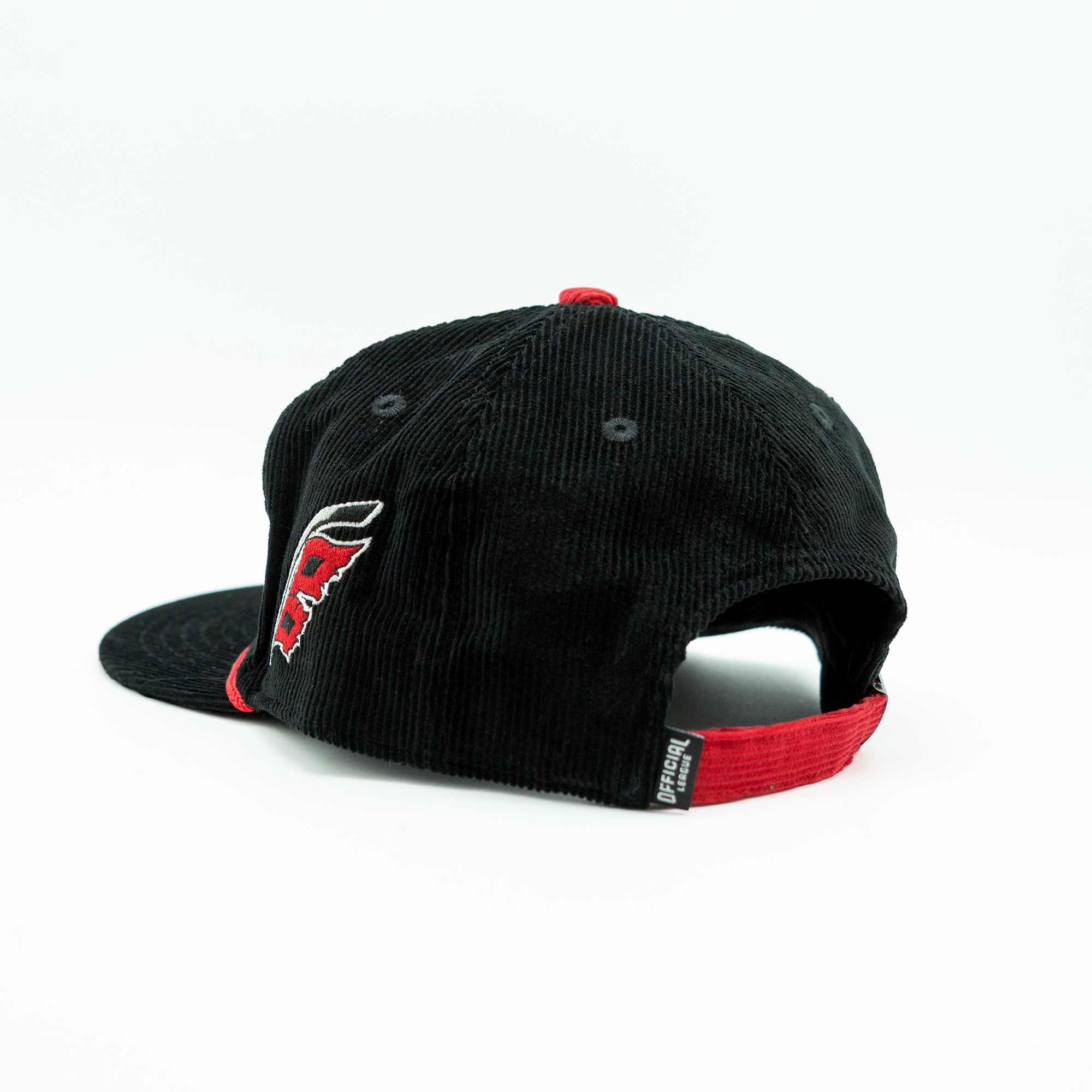 Back: Red snapback straps, Official League tag attached to strap;  red crown
