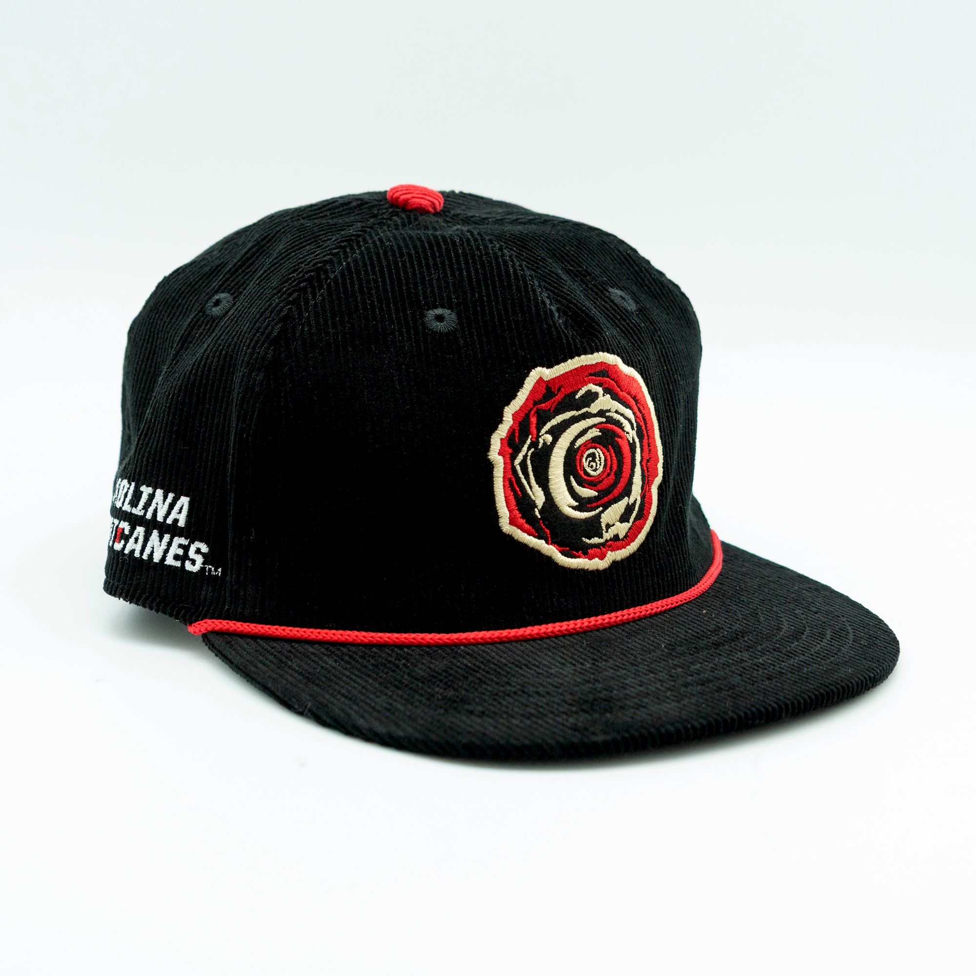 Front: Black hat, red rope on brim, Black Excellence rose flower on front