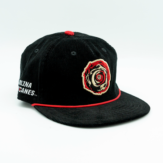 Front: Black hat, red rope on brim, Black Excellence rose flower on front