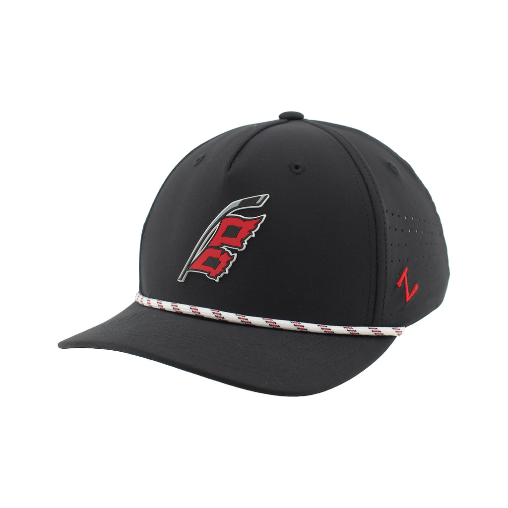 Front Left: Black hat- Flags logo on front, tri-colored rope on brim