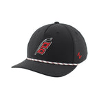 Front Left: Black hat- Flags logo on front, tri-colored rope on brim