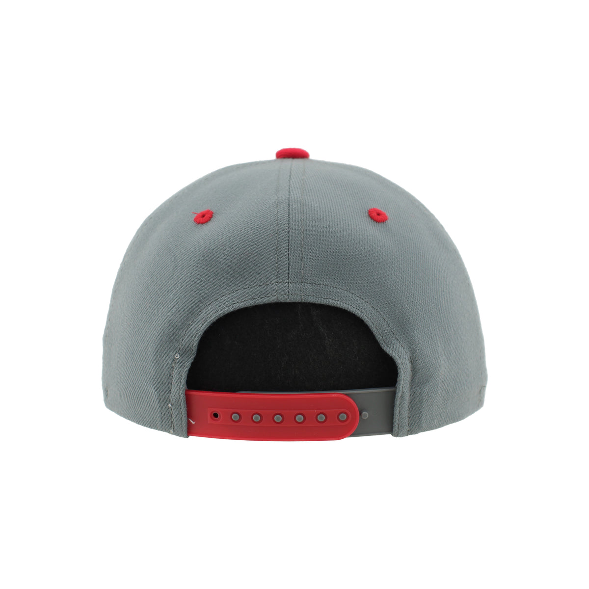 Back: Red/gray snapback straps; red eyelets/crown