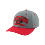 Front Left: Gray hat, red brim, red/black artwork on front featuring Tonal Primary logo