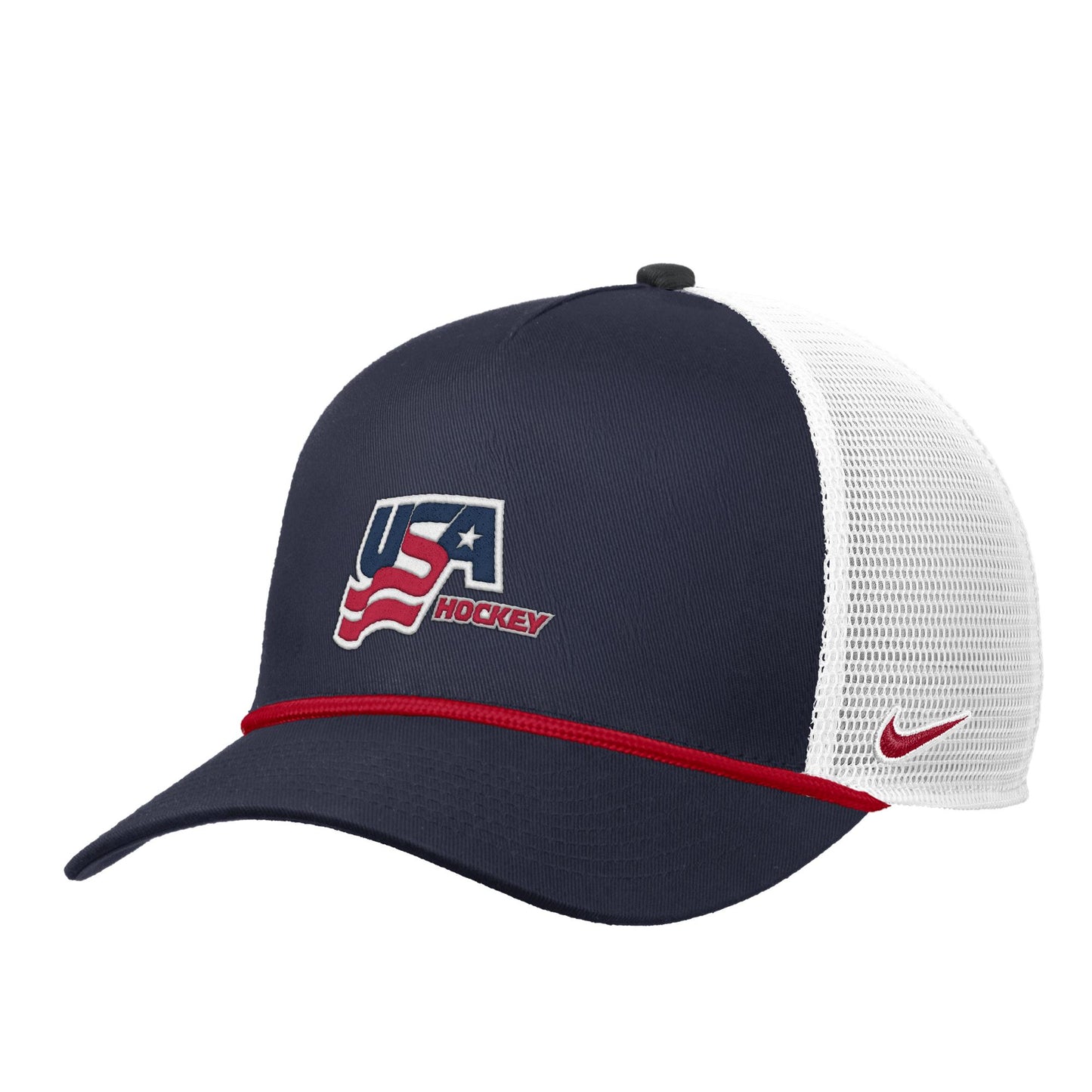 Navy trucker hat, USA Hockey logo on front, red rope on brim,  Nike on left