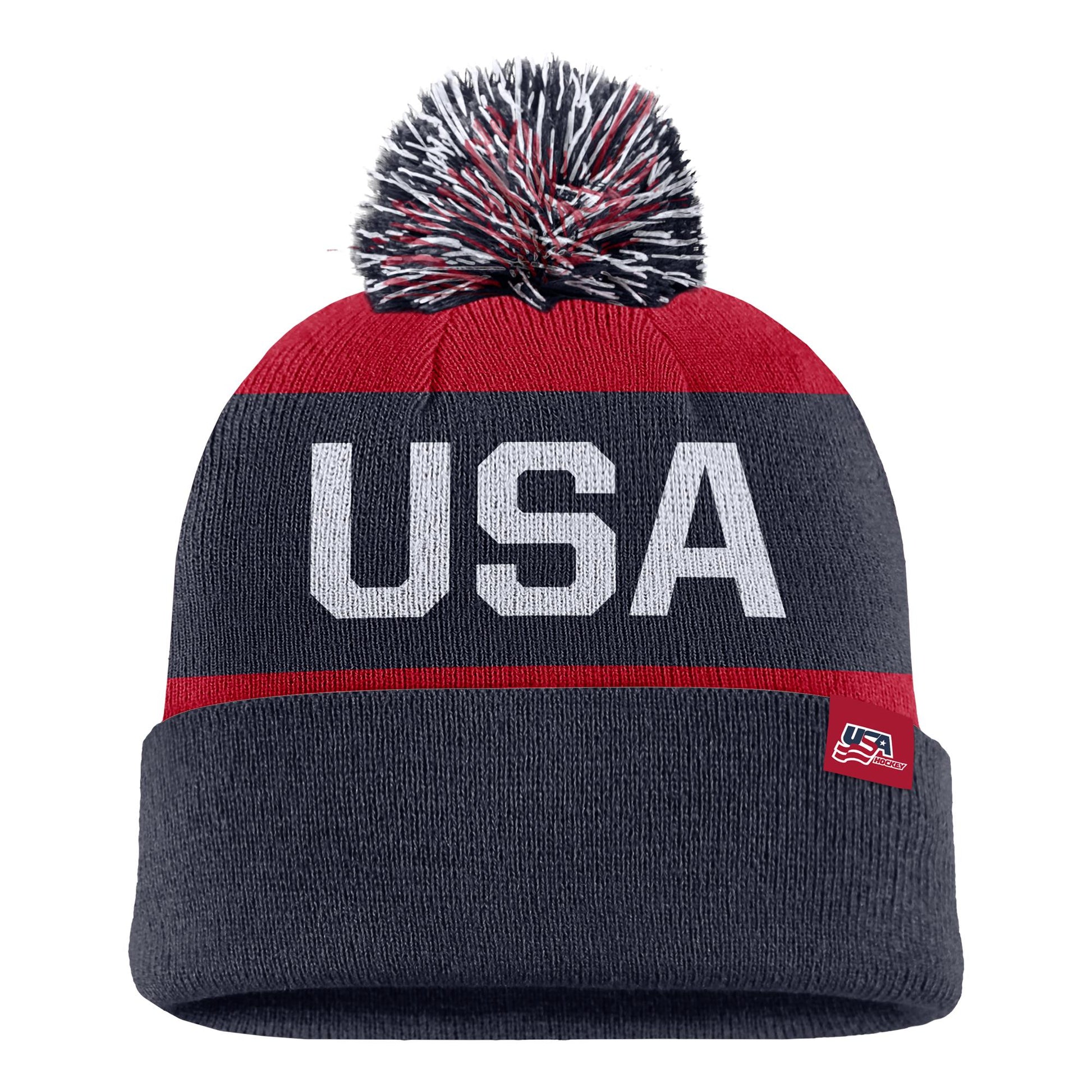 Back: Red tag with USA Hockey logo on cuff, tri-colored pom