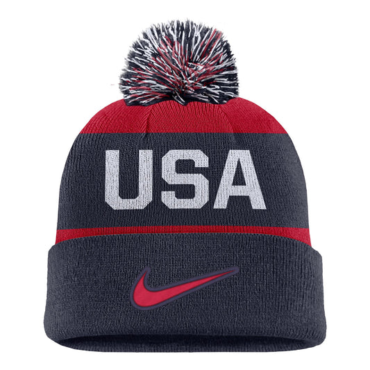 Front: Navy/red cuffed knit, "USA" on front, red Nike logo on cuff