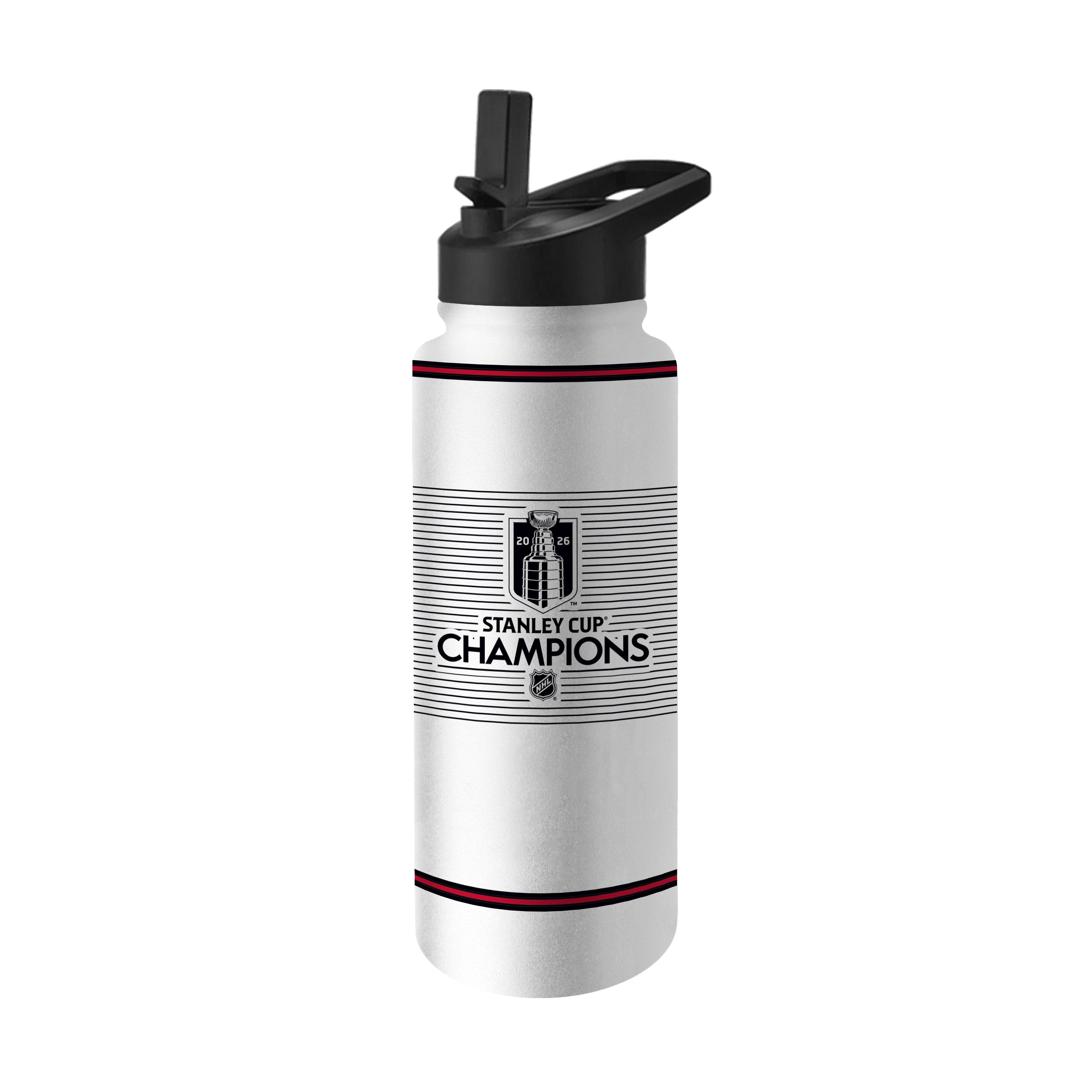 Back: 2026 NHL Stanley Cup Champions logo on top of black stripes