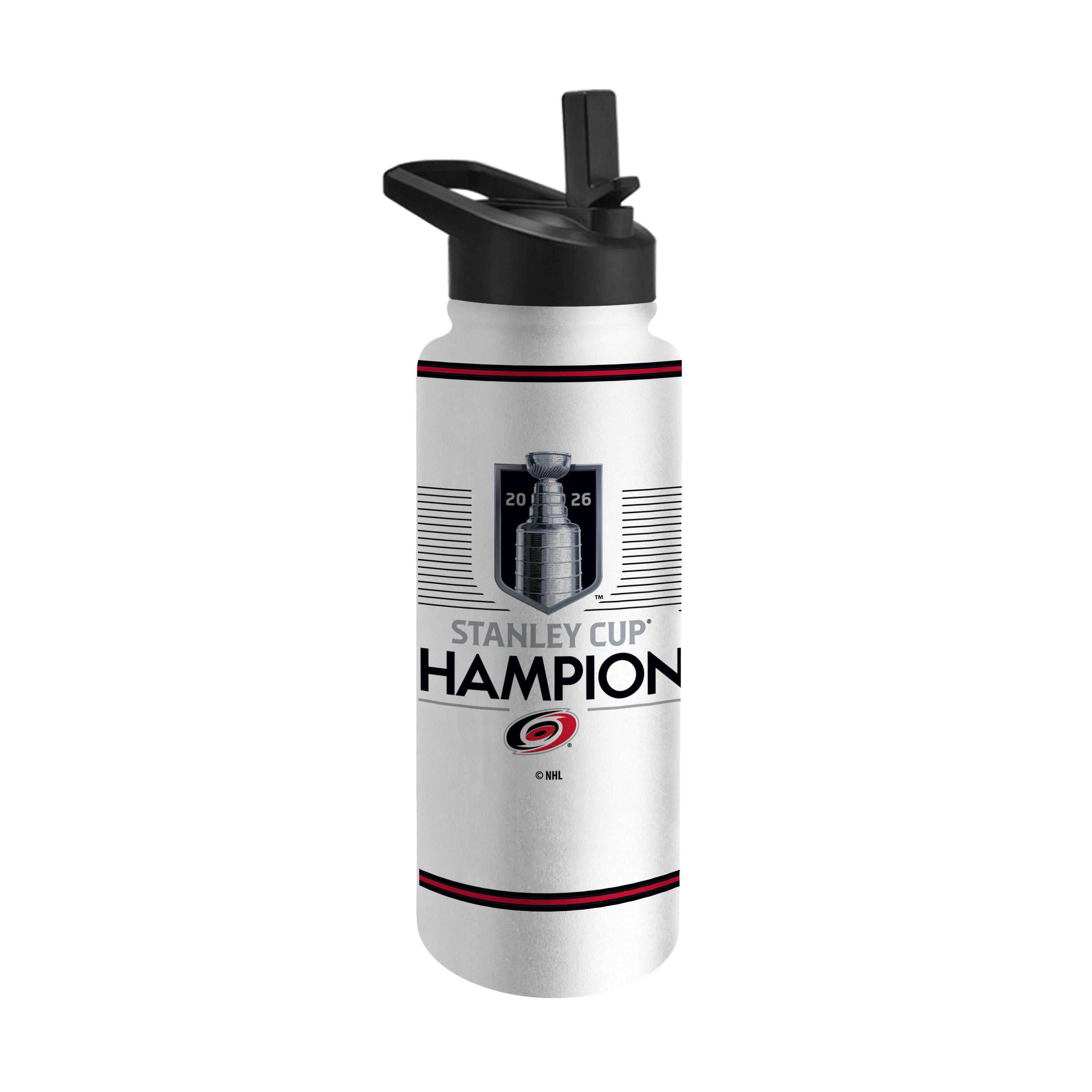 Water bottle with black top, 2026 Stanley Cup Champions logo