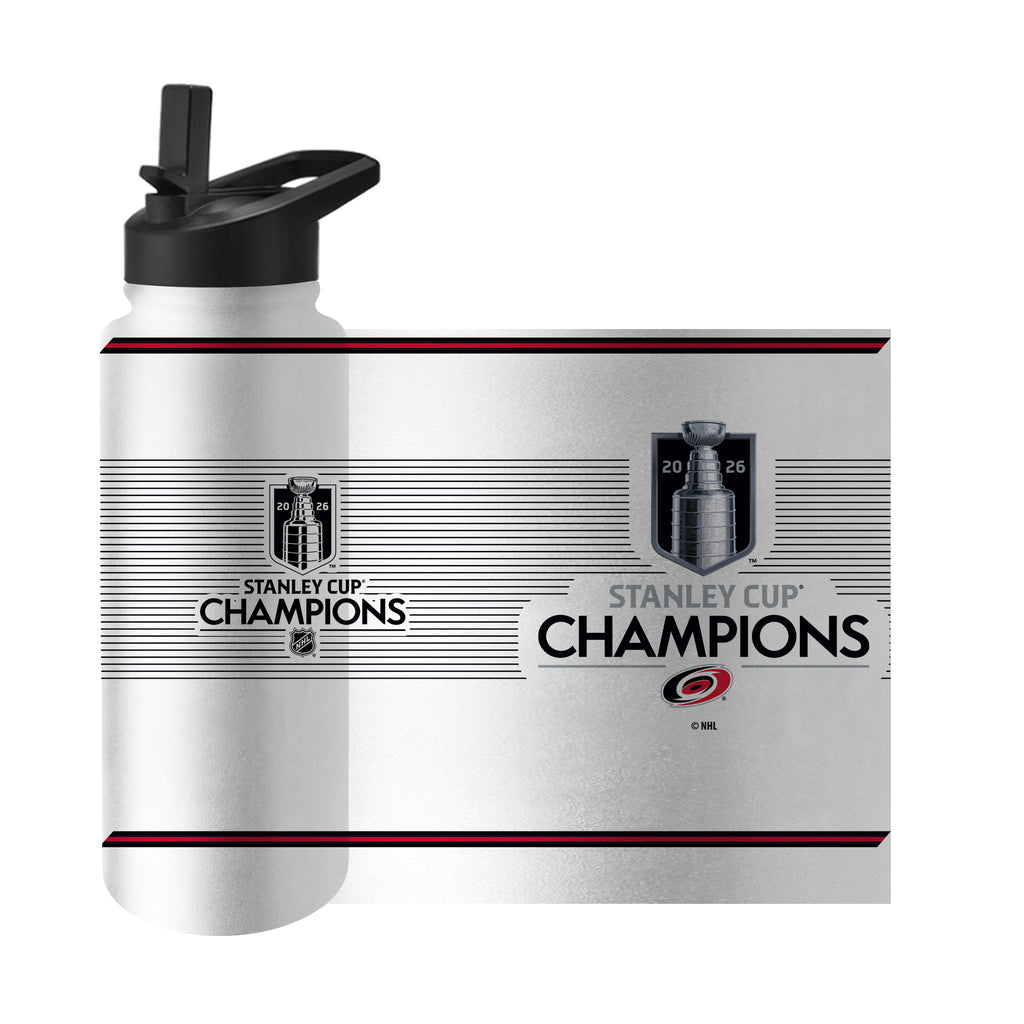 Stanley Cup Champions logos on both sides, on top of black stripes, red/back striping at top and bottom of bottle