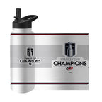 Stanley Cup Champions logos on both sides, on top of black stripes, red/back striping at top and bottom of bottle