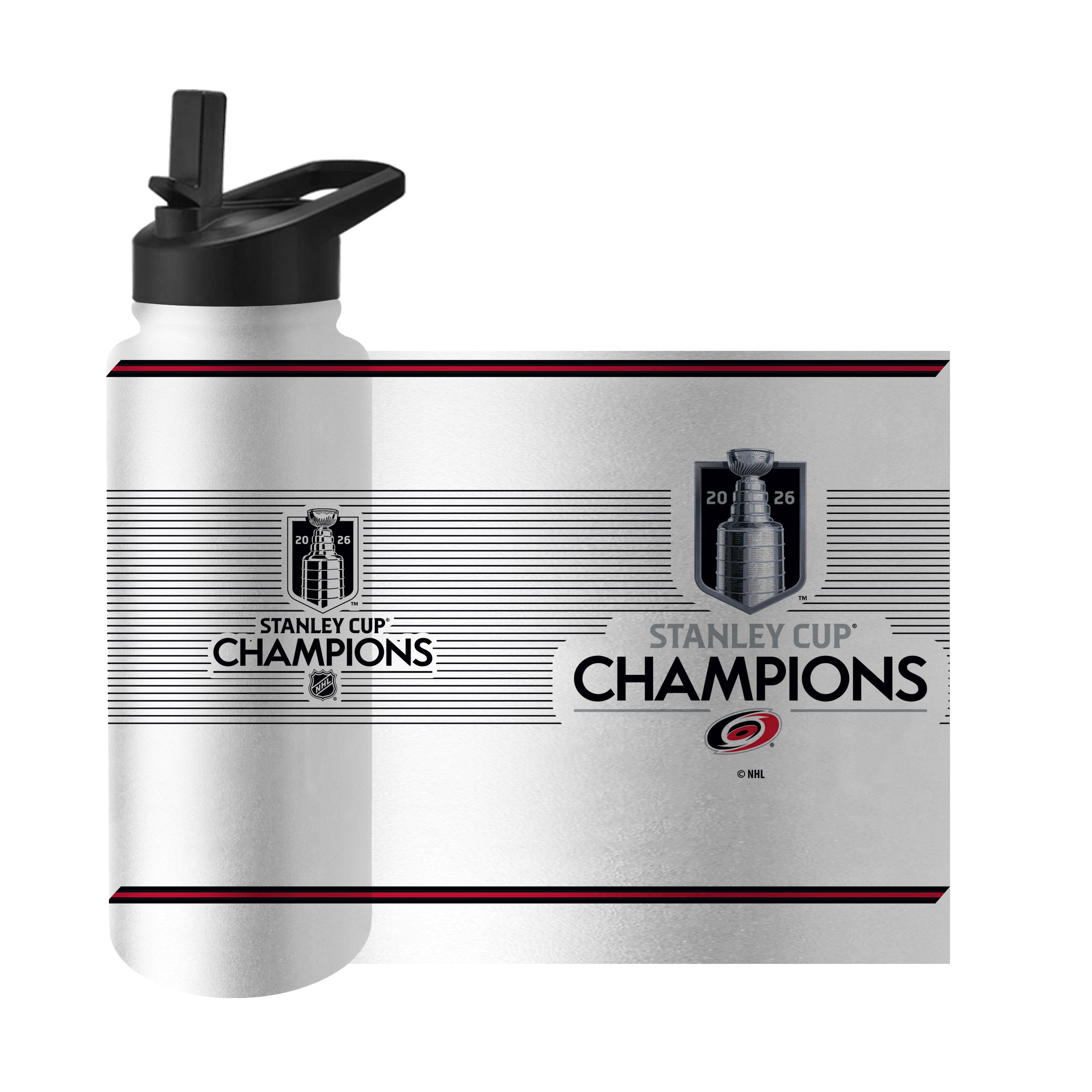 Stanley Cup Champions logos on both sides, on top of black stripes, red/back striping at top and bottom of bottle