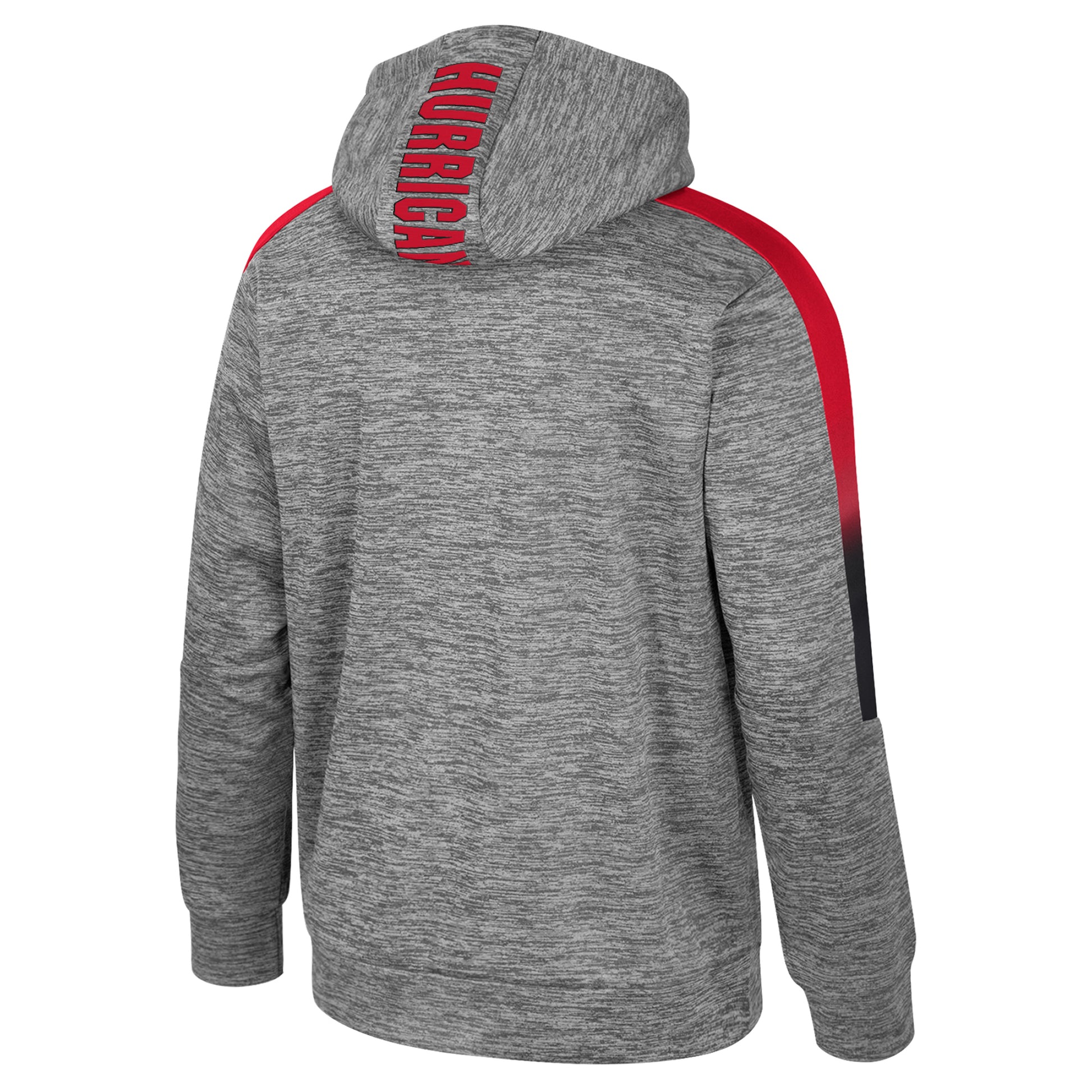 Back: Gray hoodie with red/black gradient trim, "HURRICANES" on hood