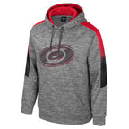 Front: Gray hoodie with red/black gradient trim, Gray primary logo on front