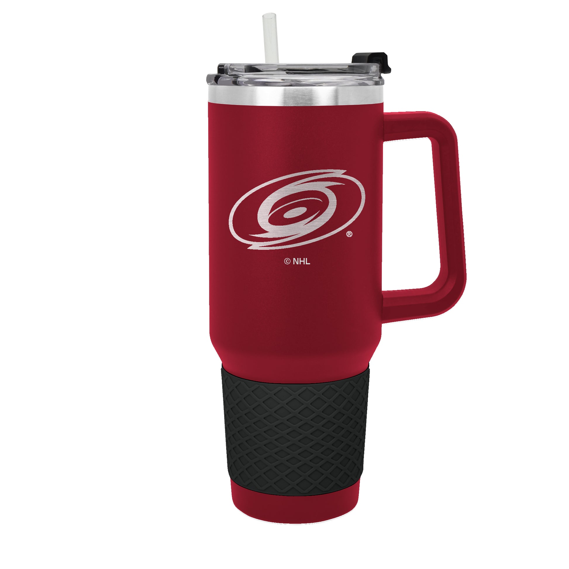 Red and black mug with clear straw and Hurricanes logo etched in gray.