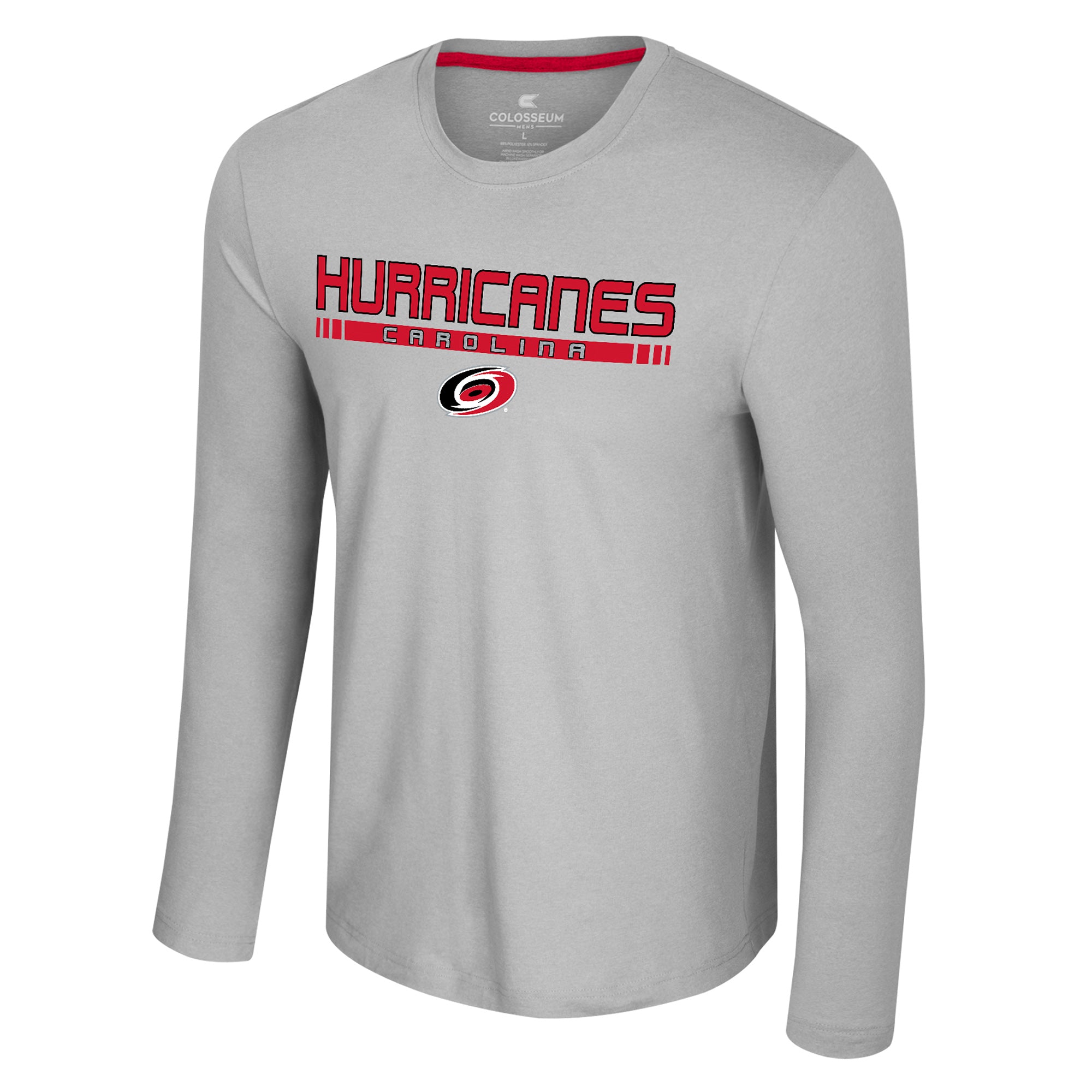 Front: Gray longsleeve, "CAROLINA HURRICANES" in red and black across chest above primary logo