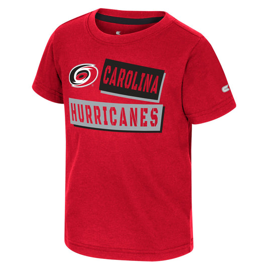 Red tee with Hurricanes logo, Carolina and Hurricanes written in red in grey and black rectangles