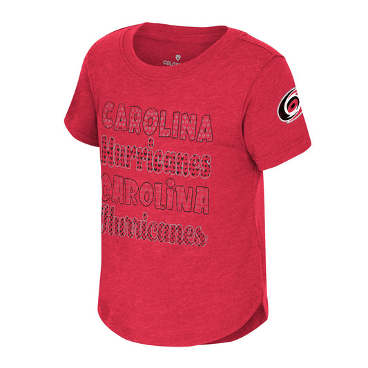 Light red tee, "Carolina Hurricanes" twice on front, Primary logo on left sleeve