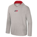 Grey pullover longsleeve windshirt, small Primary logo center chest, red inner lining on hood