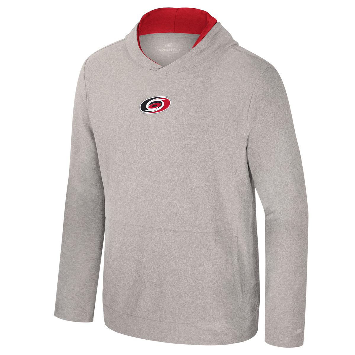 Grey pullover longsleeve windshirt, small Primary logo center chest, red inner lining on hood