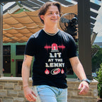 The tee being worn by a model in an outdoor area