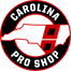 Black circular logo, "CAROLINA PRO SHOP" in white, NC outline with storm flags on state