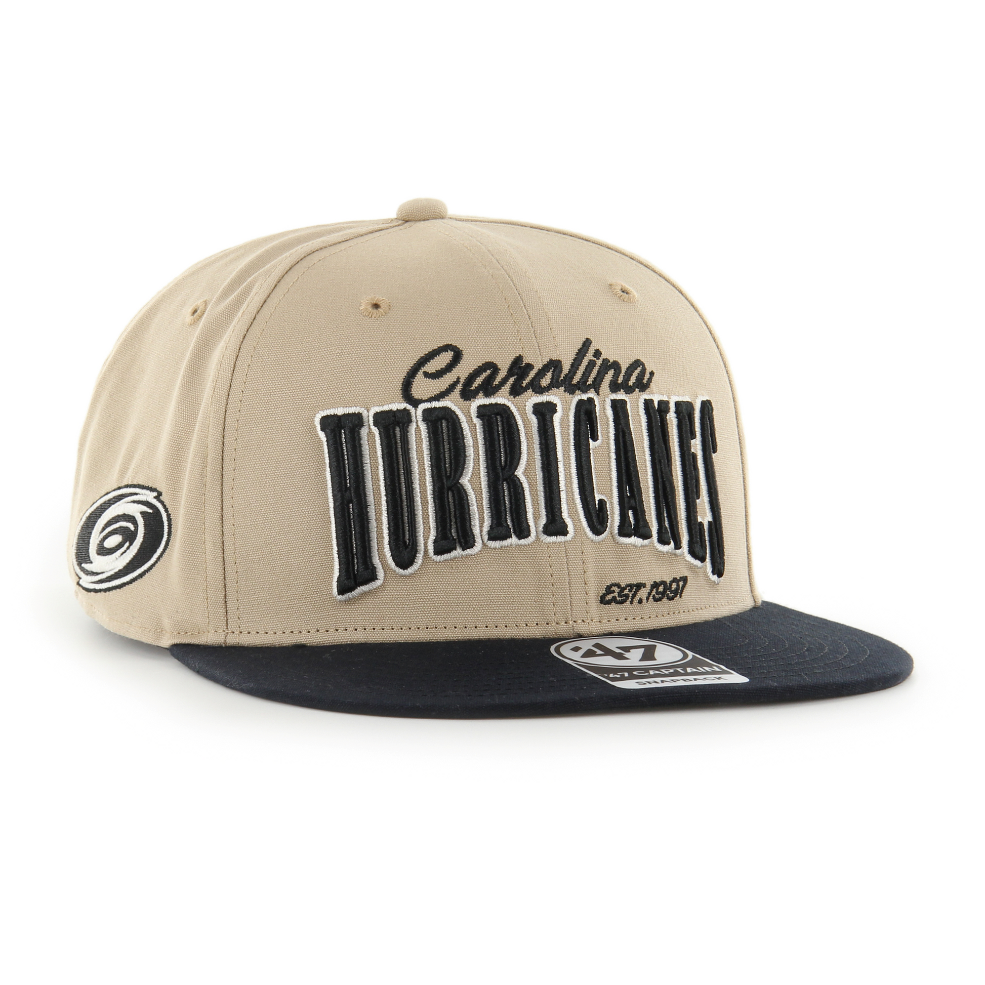 Front: Tan snapback with canes logo on side and black flatbrim