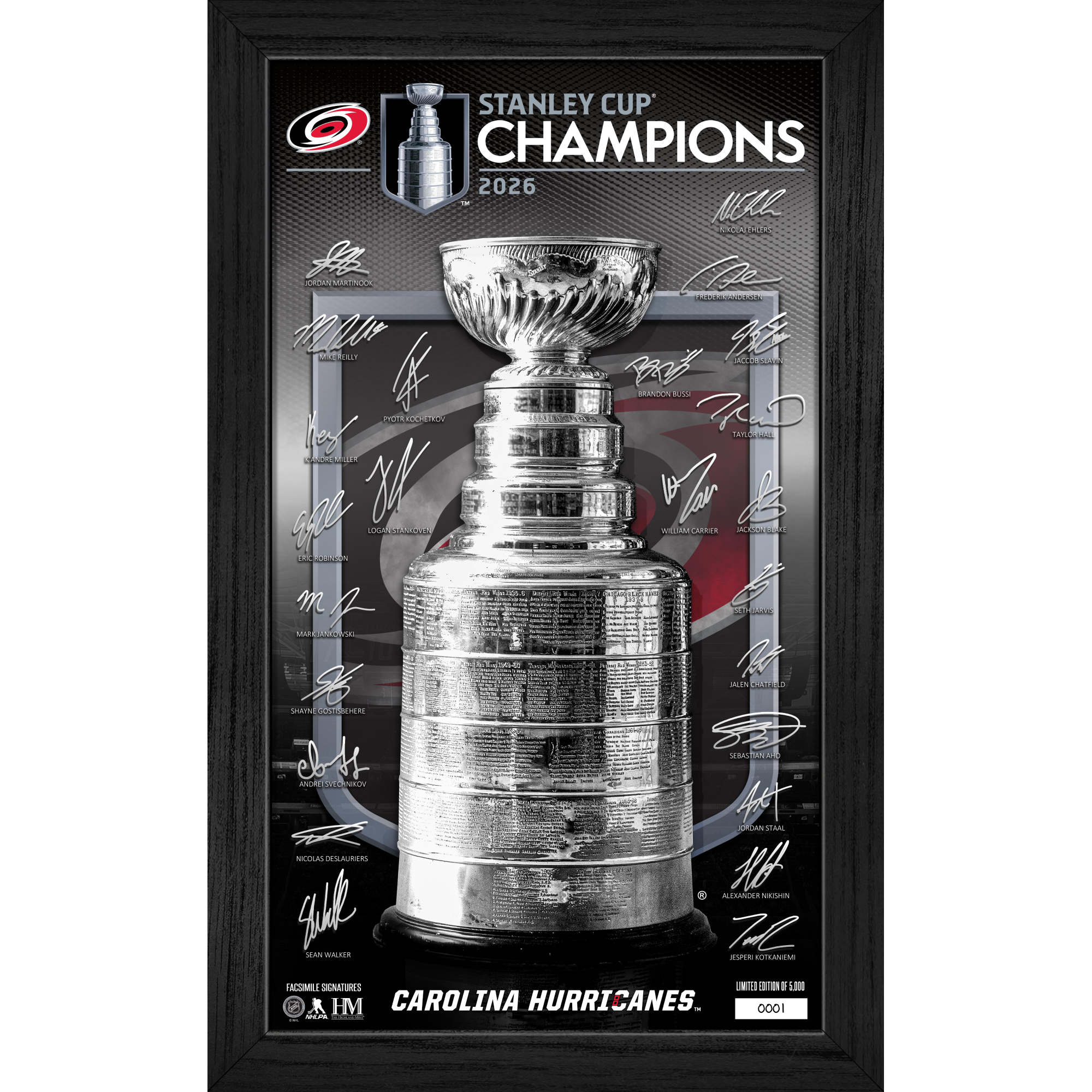 Black-framed photo of Stanley Cup with printed signatures of Cup Roster