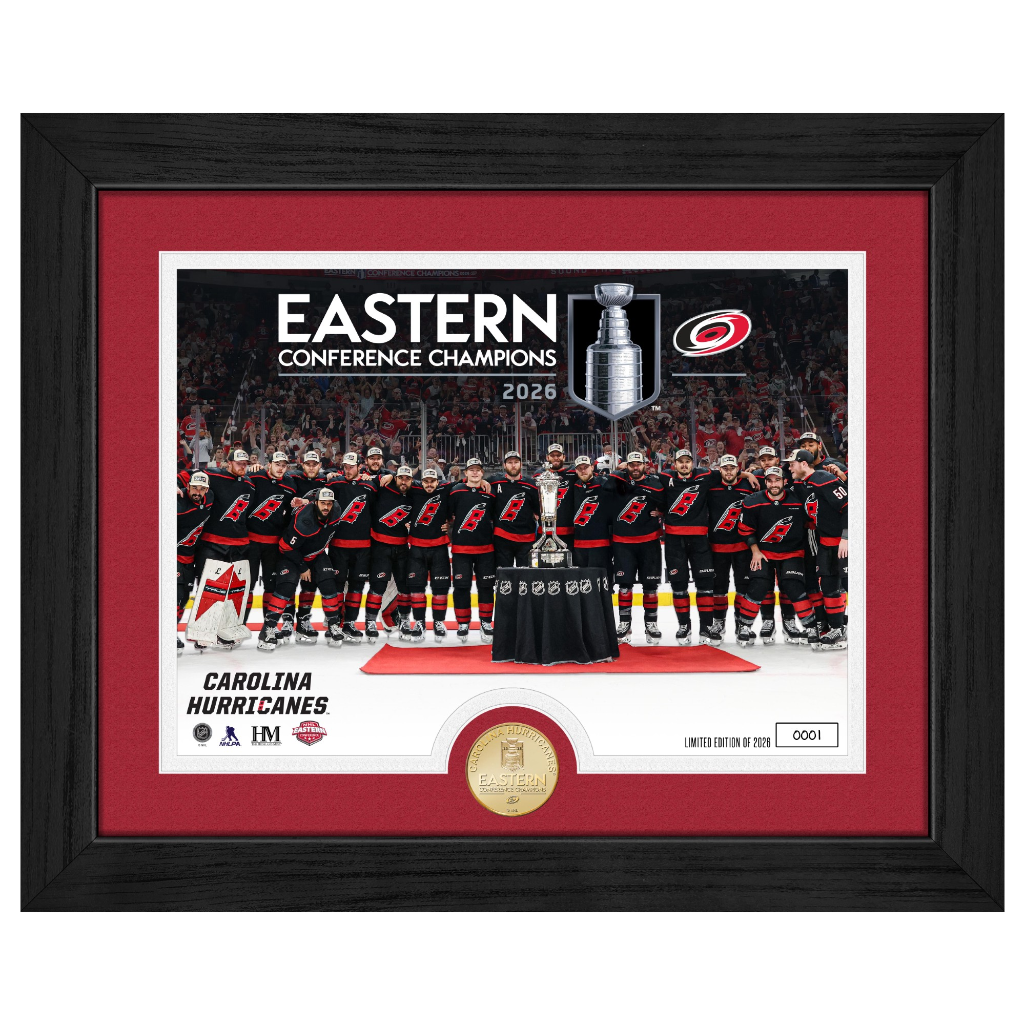 Photo with commemorative coin of Hurricanes 2026 Eastern Conference Champions picture; in black frame