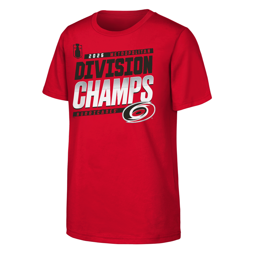 Front: "2026 Metropolitan Division Champs Hurricanes" in red/black with Primary logo, Stanley Cup Playoffs logo