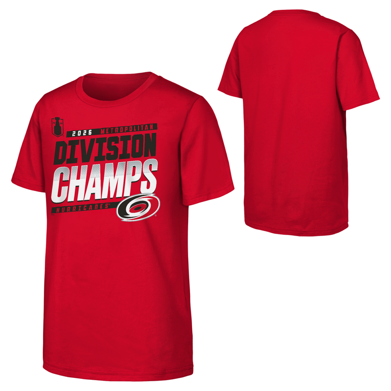 Front/Back: Red tee,  "2026 Metropolitan Division Champs Hurricanes" in red/black with Primary logo