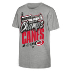 Front: "STANLEY CUP Champs CANES 2026" in grey/red with art of Stanley Cup, Primary logo