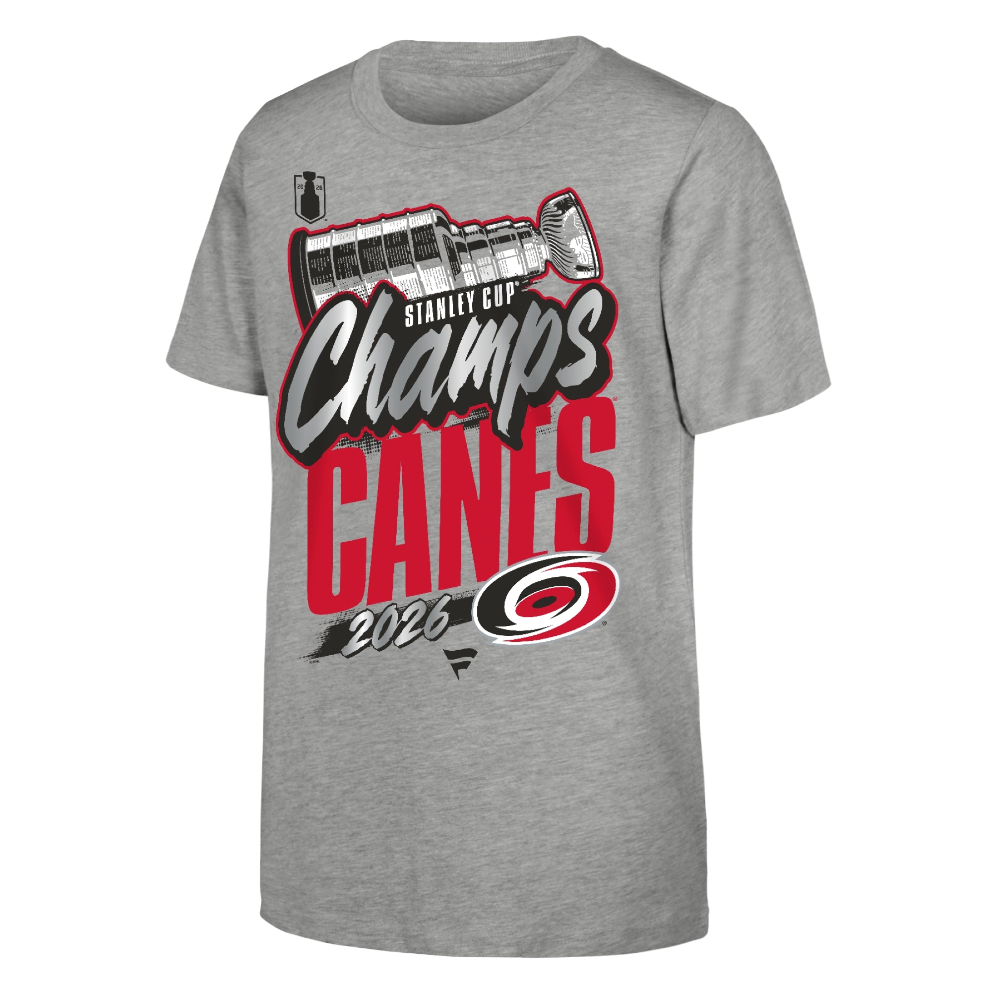 Front: "STANLEY CUP Champs CANES 2026" in grey/red with art of Stanley Cup, Primary logo