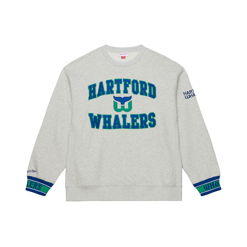 Front: Gray crewneck, green/blue wrists, "HARTFORD WHALERS" in blue with Tail logo across front