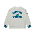 Front: Gray crewneck, green/blue wrists, "HARTFORD WHALERS" in blue with Tail logo across front