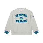 Front: Gray crewneck, green/blue wrists, "HARTFORD WHALERS" in blue with Tail logo across front
