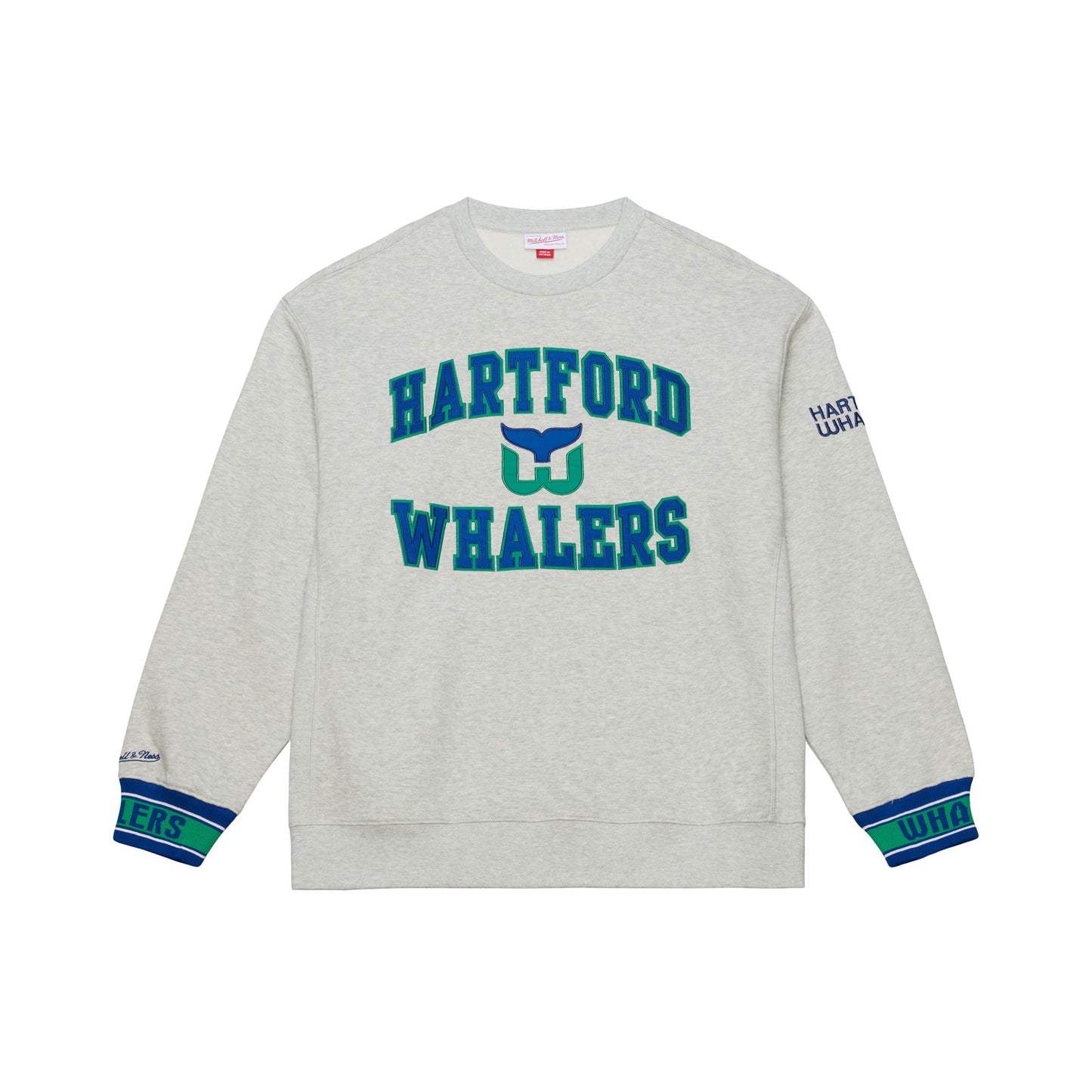 Front: Gray crewneck, green/blue wrists, "HARTFORD WHALERS" in blue with Tail logo across front