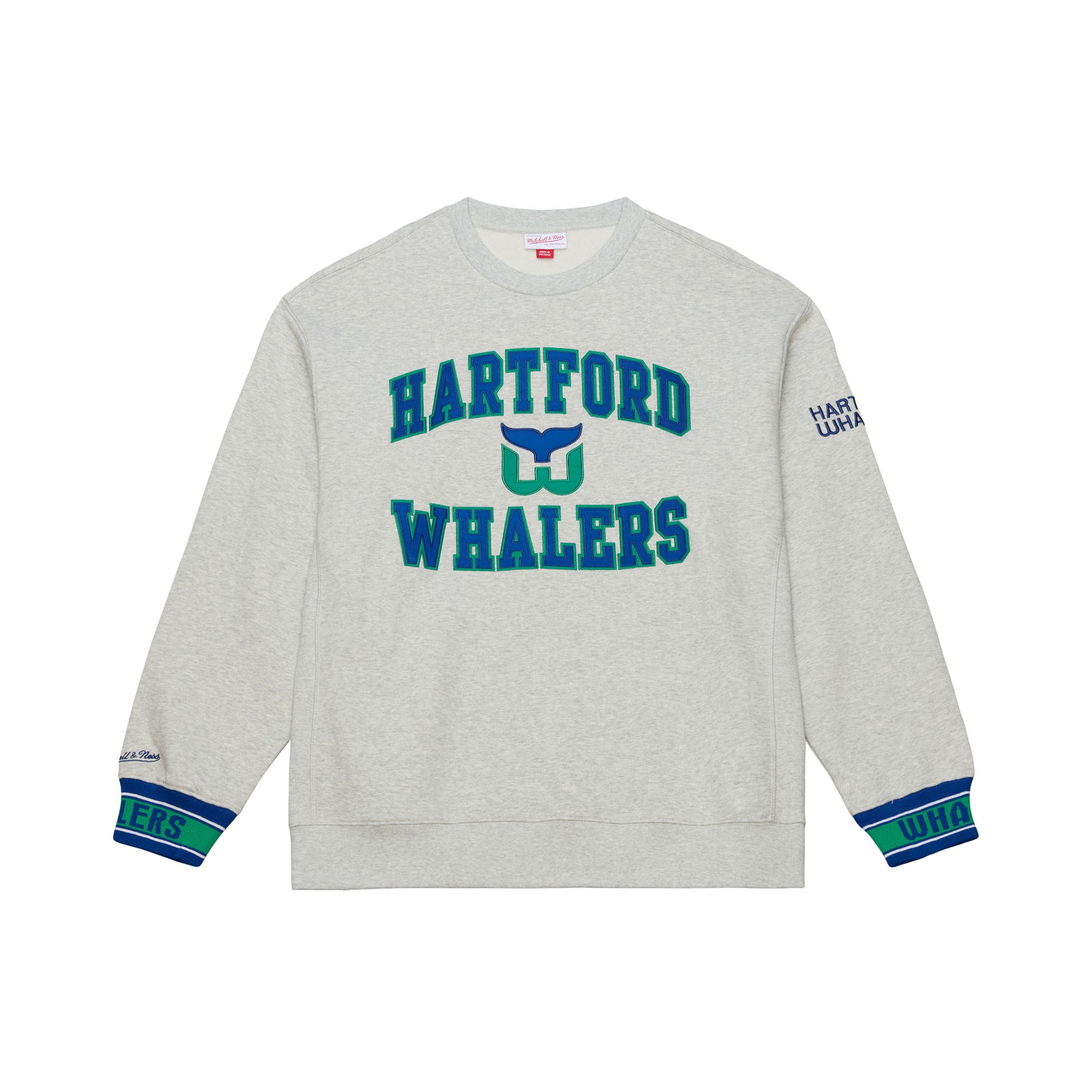 Front: Gray crewneck, green/blue wrists, "HARTFORD WHALERS" in blue with Tail logo across front