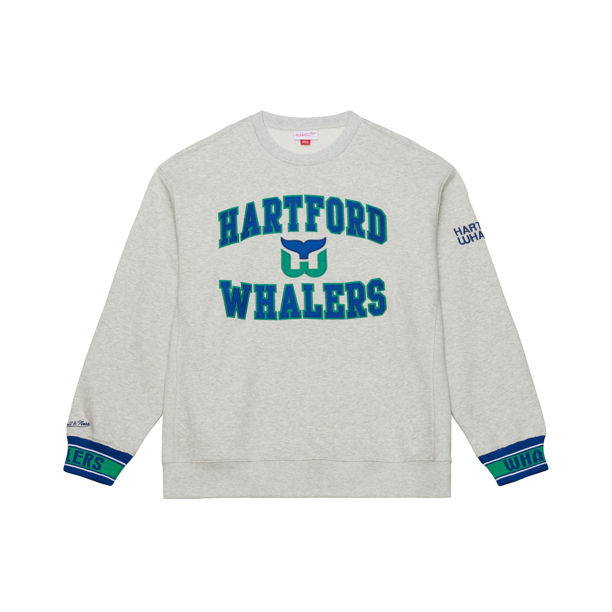 Front: Gray crewneck, green/blue wrists, "HARTFORD WHALERS" in blue with Tail logo across front