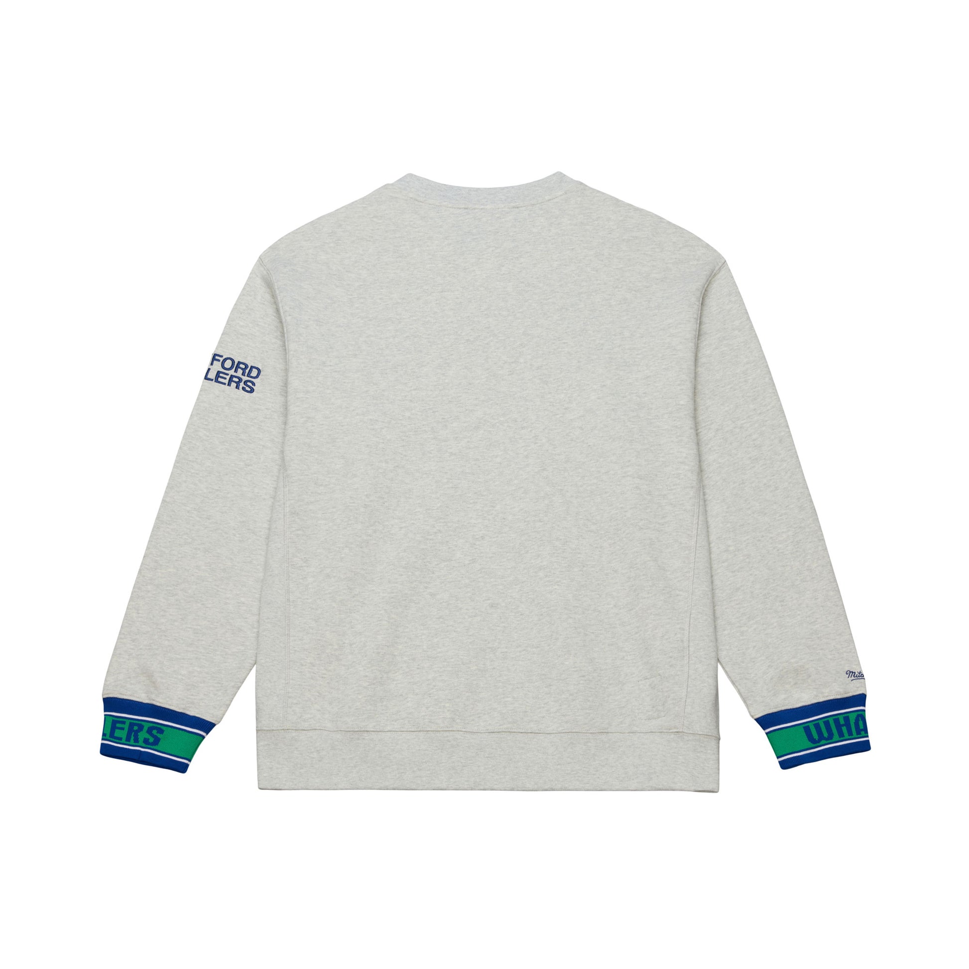 Back: Gray crewneck, "HARTFORD WHALERS" in blue on right sleeve