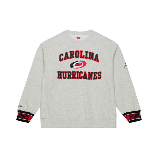 Front: Gray crewneck, "CAROLINA HURRICANES" on front in red/black with Primary logo