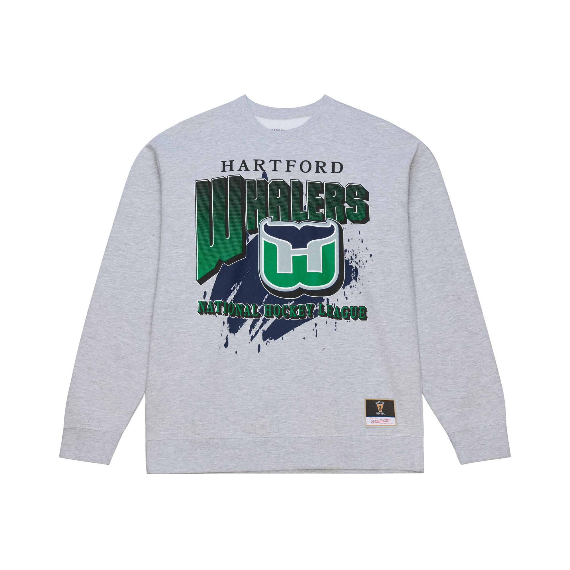 Front: Grey crewneck, Green/blue graphic, "HARTFORD WHALERS NATIONAL HOCKEY LEAGUE" with Whalers Tail logo